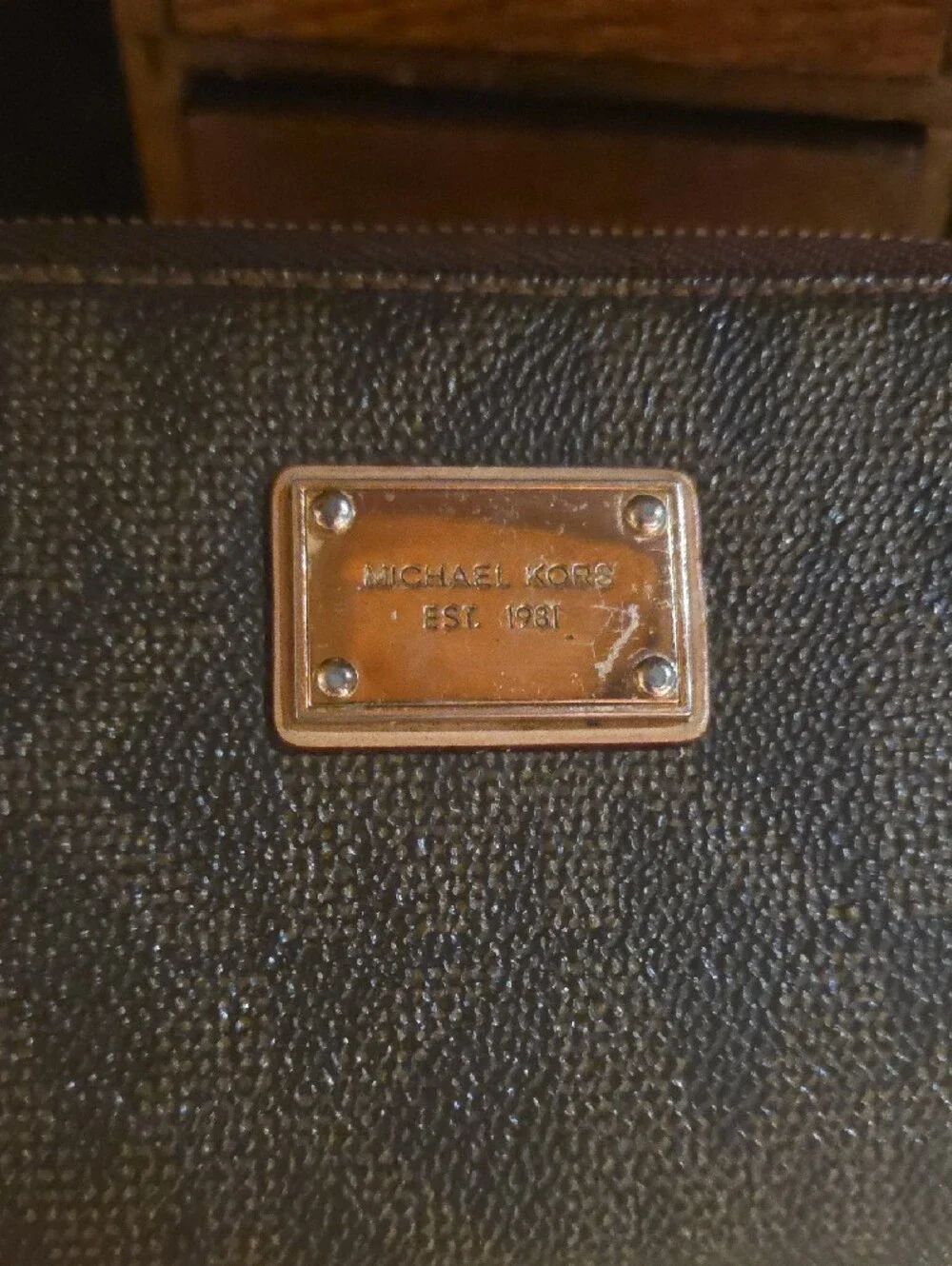 Michael Kors Dark Brown Logo Zip-Around Wristlet Wallet with Gold Plate